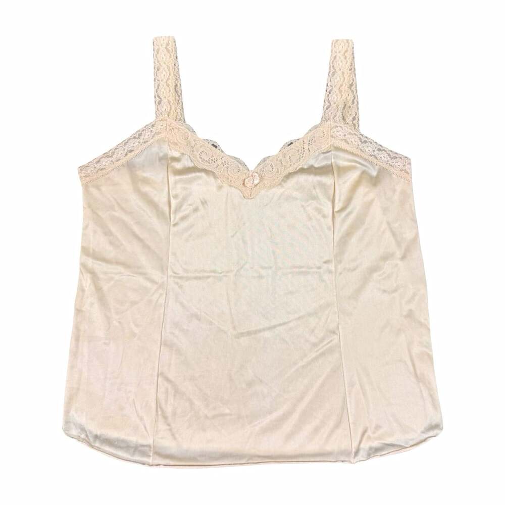 True Vintage 70s-80s Women's Ivory Nylon Tricot Lace Trim Strap Camisole Top L